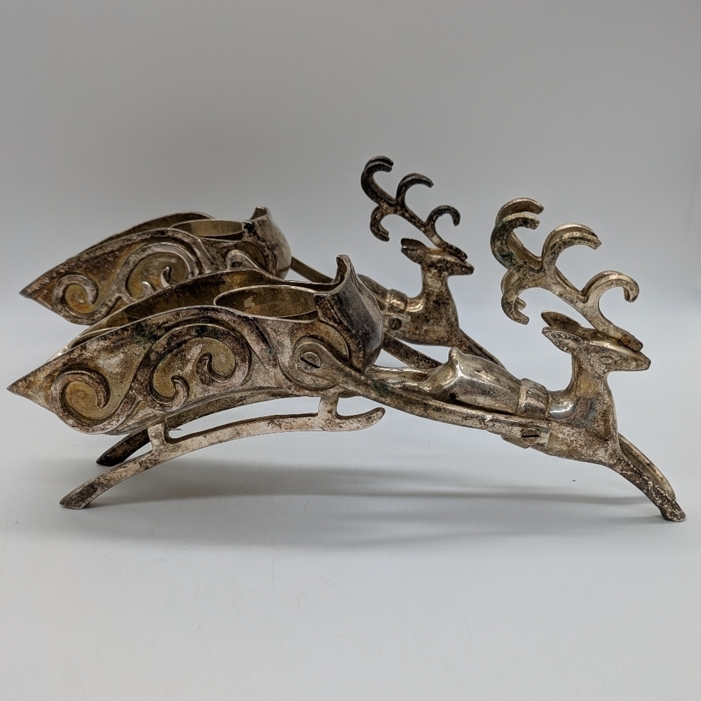 Vintage Silver Plated Reindeer & Sleigh Holiday Christmas Votive Candle Holders